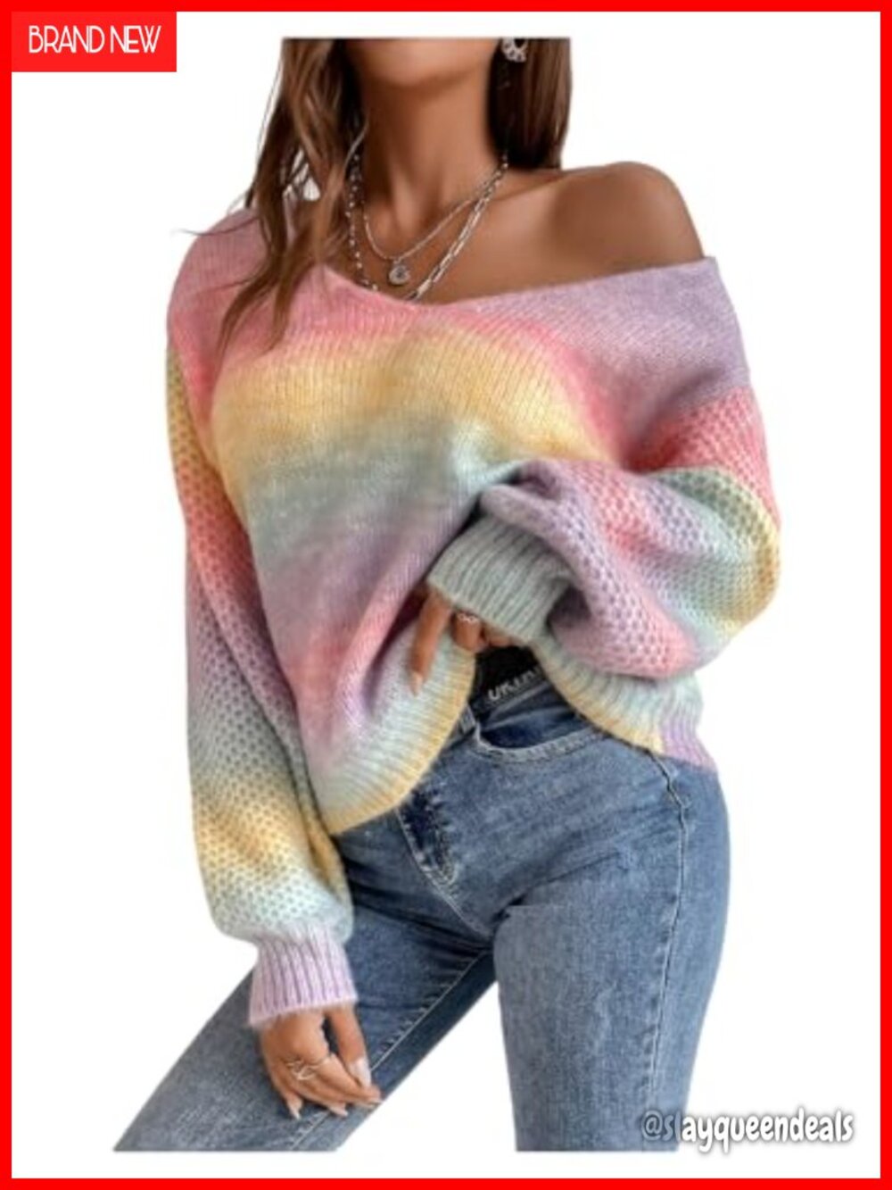 V-Neck Rib Knit Pullover Sweater, Fall Y2K Drop Shoulder